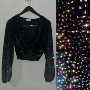 Altar'd State Black Glitter Velour Velvet twist-front New Years crop top (0622)